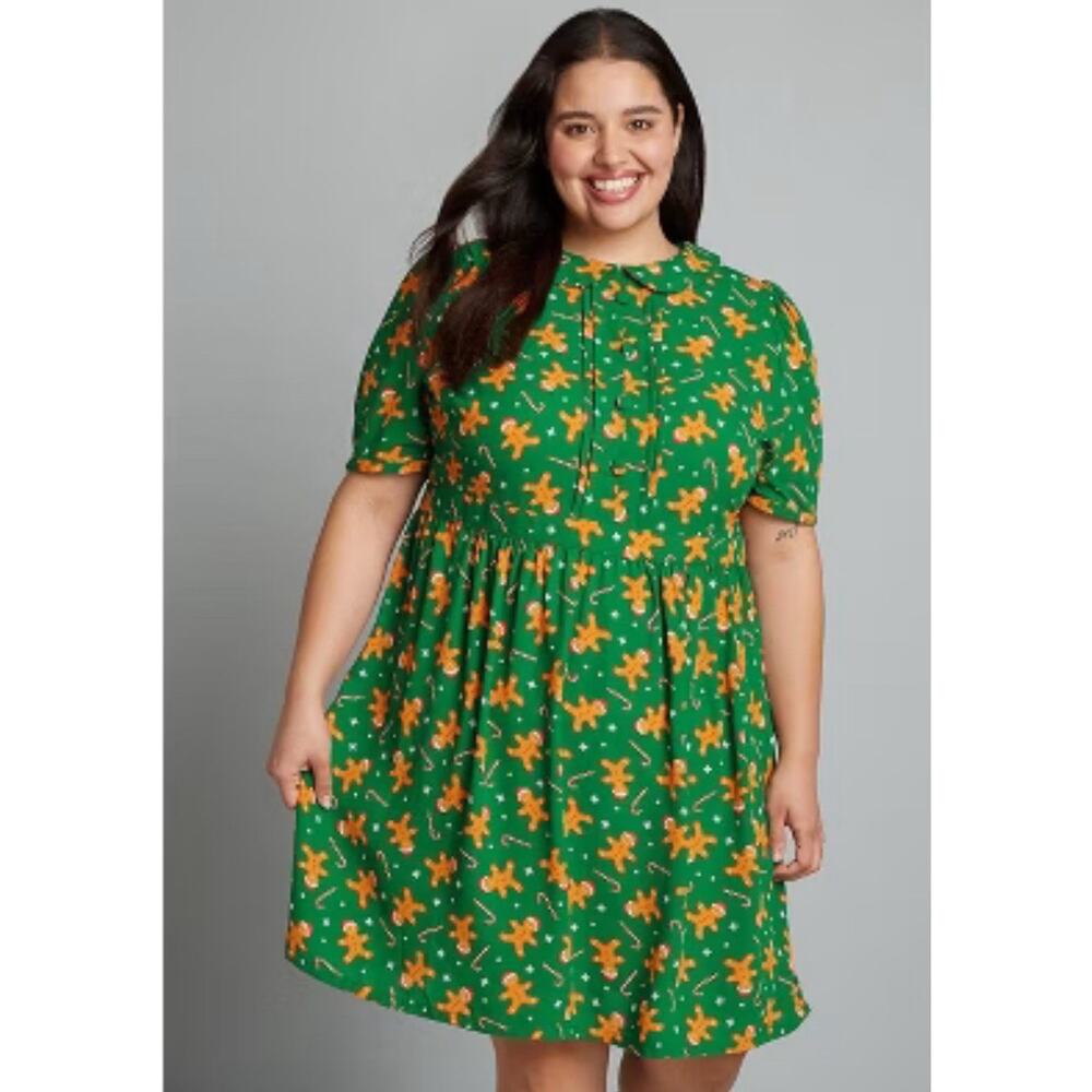 ModCloth Plus Size 16W Gingerbread Candy Cane Print Peter Pan Collar Green Dress